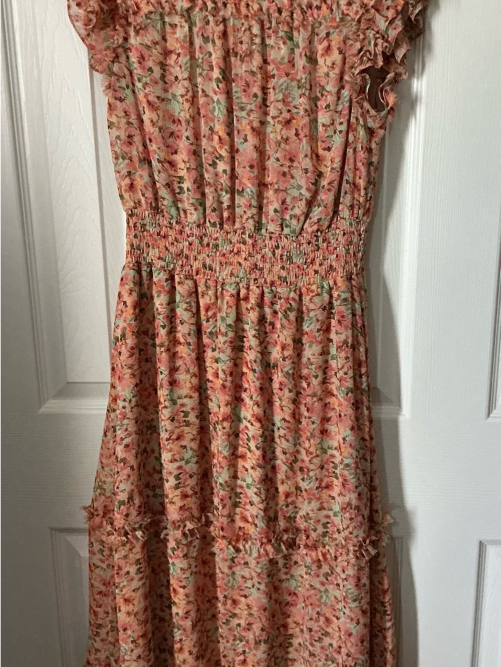 CeCe Peach Floral Smocked Midi Dress with Flutter Sleeves